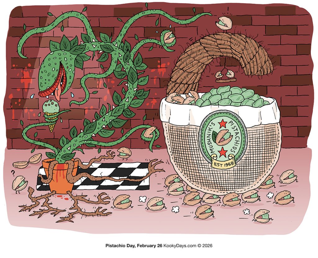 National Pistachio Day cartoon illustration – smiling pistachio characters.